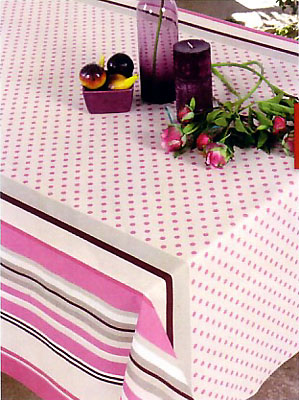 French Basque tablecloth, coated (Biarritz pois-rayure. pink)